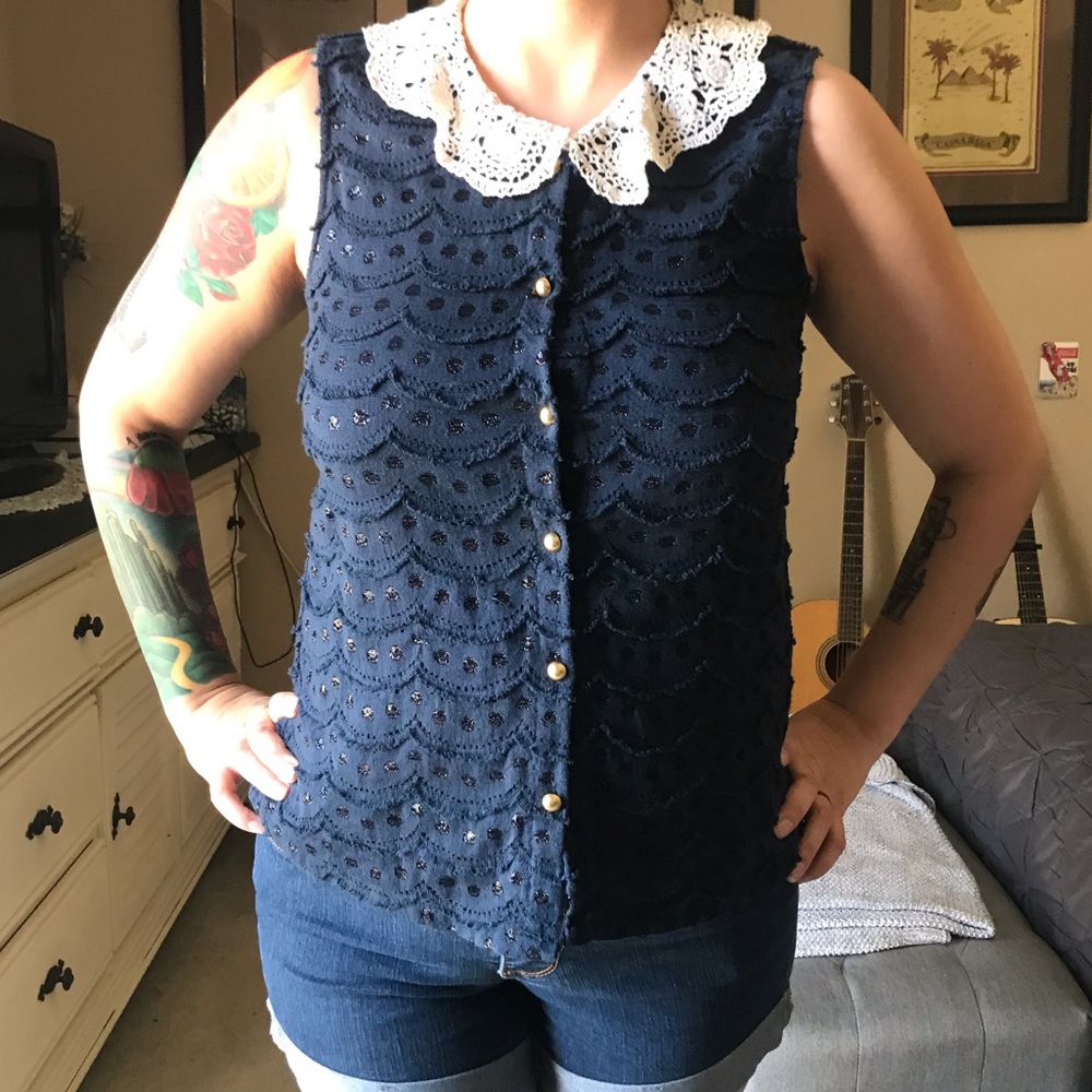 Navy button up blouse lace Peter Pan collar